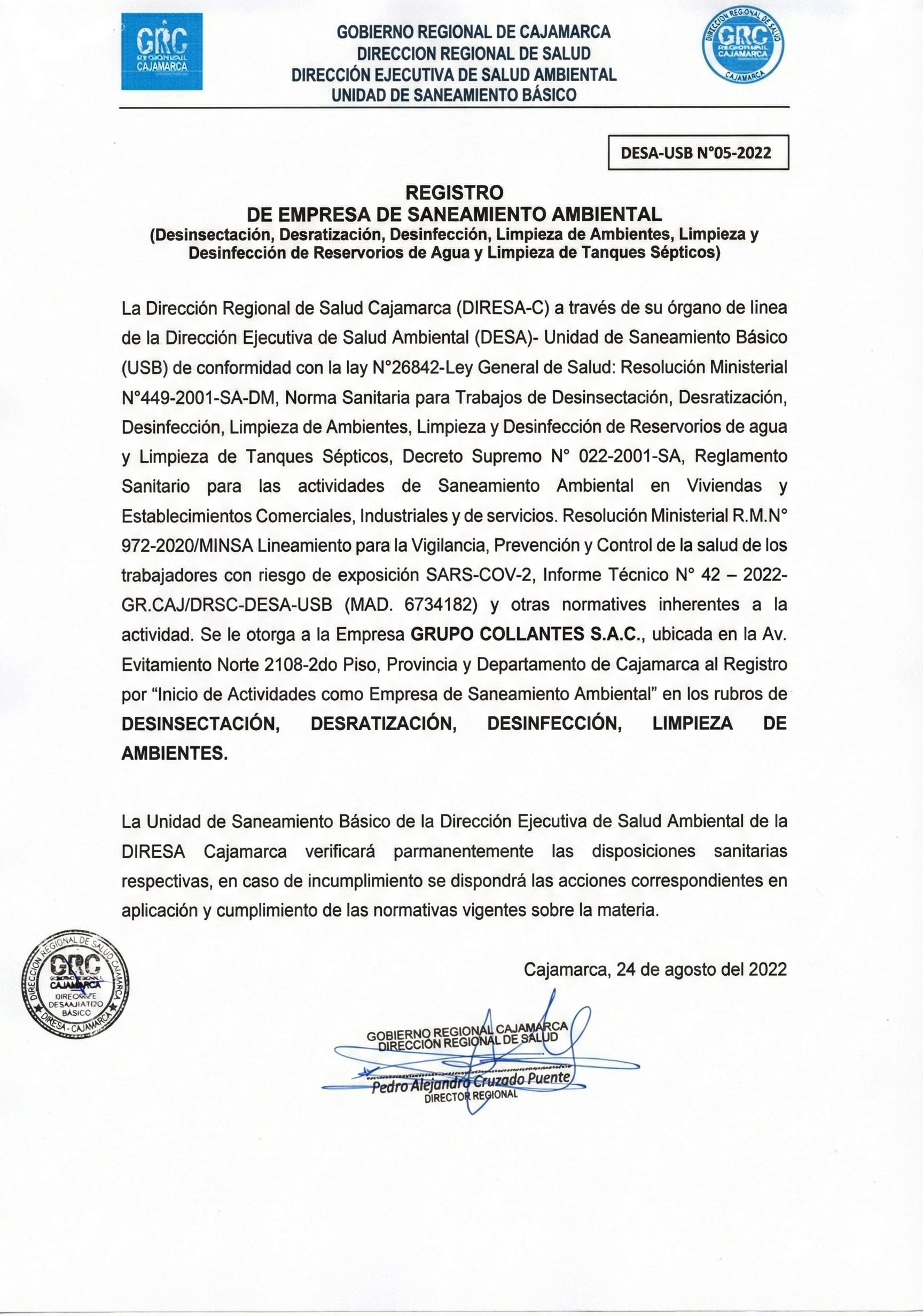 Certificado de Saneamiento Ambiental DIGESA